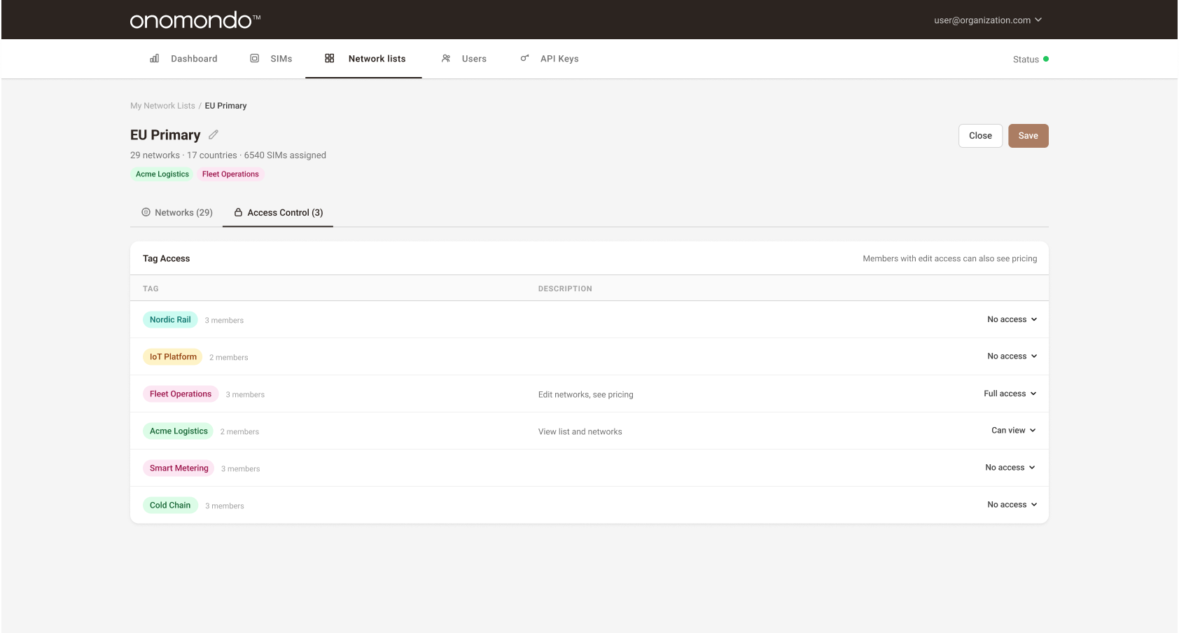 Access Control tab,tag-based permissions with No access, Can view, and Full access levels per user group